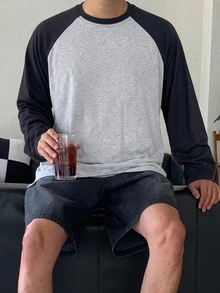 DAZY 春秋款海軍藍與灰色花卉插肩袖拼接撞色韓版男士長袖T恤 - 淺灰色 - 查看 9