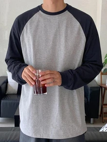 DAZY 春秋款海軍藍與灰色花卉插肩袖拼接撞色韓版男士長袖T恤 - 淺灰色 - 查看 3