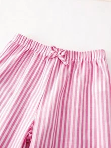 SHEIN 青少年女孩 3 件套服裝組合 粉色直條紋短版連帽外套 白色細肩帶背心上衣 與彈性高腰寬鬆寬腿長褲 時尚服飾 - 粉色 - 查看 6