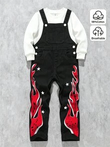 SHEIN Boys' Denim Overalls Long Pants, All Season, Soft Cotton, Classic Overalls Style, Flame Print Hem, Loose Fit Black Washed Denim Jumpsuit, Winter - Black - View 3