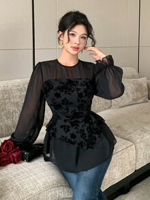 Modelyn Flocked Bandeau 2 In 1 Round Neck Lantern Sleeve Chiffon Blouse With Asymmetrical Ruffle Hem Dinner Going Out Black Floral Autumn Romantic Elegant - Black - View 8