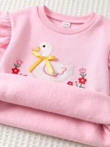 女嬰幼童女童秋冬卡通鴨子印花針織軟綿圓領長袖荷葉袖套頭運動衫彈性腰修身長褲2件套可愛套裝 - 粉色 - 查看 7