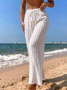 Breezaya Women's Drawstring Waist Striped Casual Versatile Cover-Up Long Pants - White - View 1