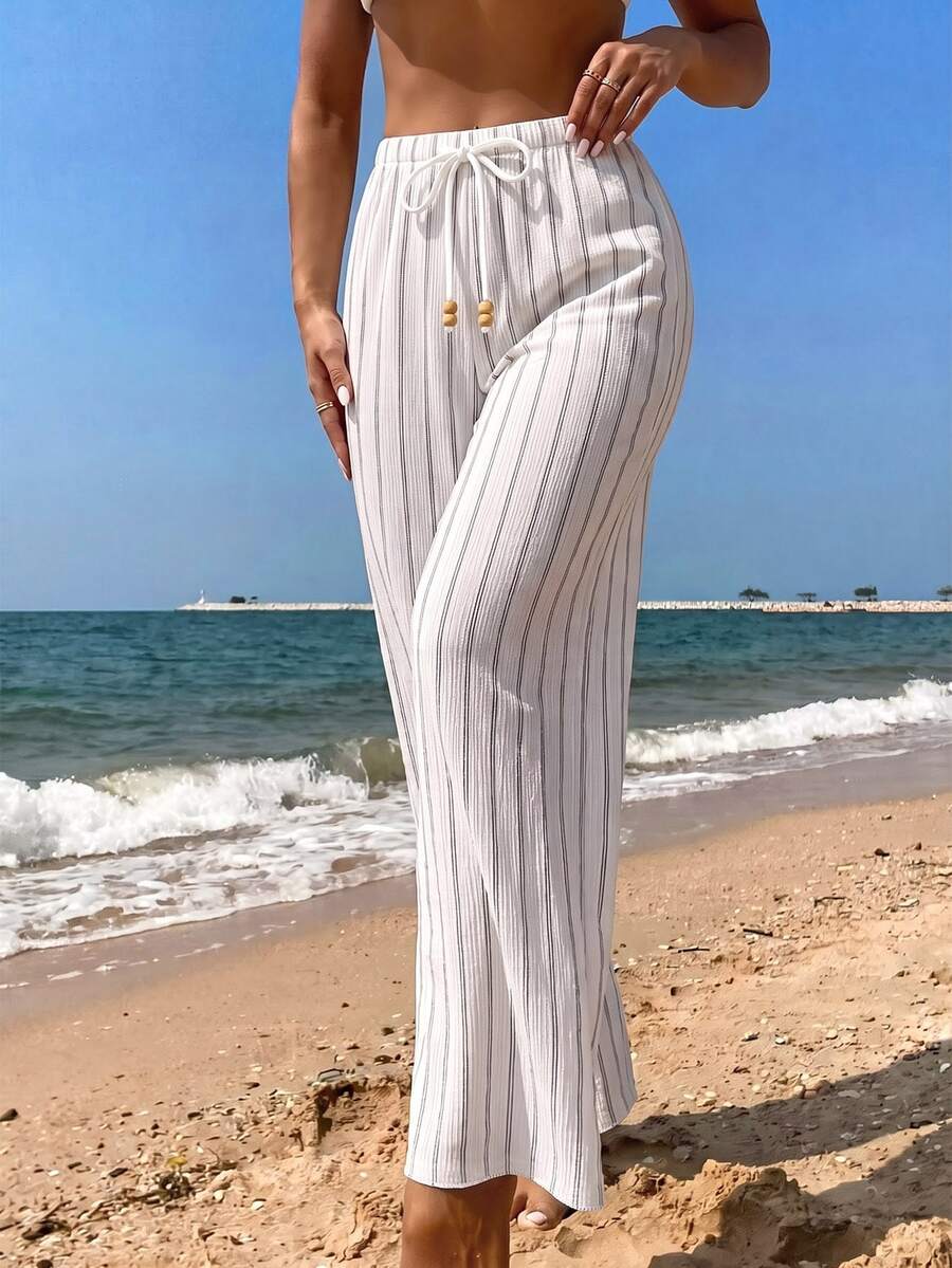 Breezaya Women's Drawstring Waist Striped Casual Versatile Cover-Up Long Pants - White - View 1