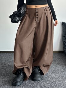 POPSWAY Plus Size Fashion Commuter Solid Color Wide Leg Pants Fall - Brown - View 1