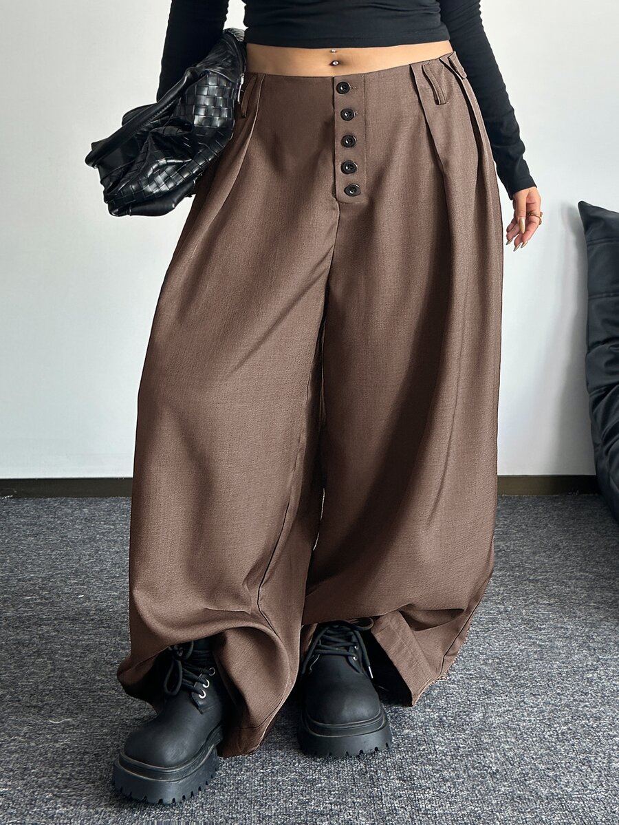 POPSWAY Plus Size Fashion Commuter Solid Color Wide Leg Pants Fall - Brown - View 1