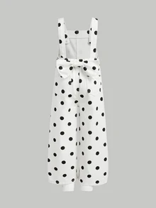 SHEIN 女童白色圓點牛仔寬鬆吊帶褲，後腰3D蝴蝶結設計 - 黑與白 - 查看 2