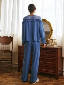 Côtesoire Women's French Elegant Lace Patchwork Long Sleeve Long Pants Pajama Set - Teal Blue - View 2