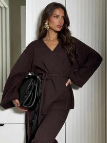 Aloruh Women's Solid Color Dropped Shoulder Long Sleeve Casual Knit Cardigan,New Fall Styles - Brown - View 4