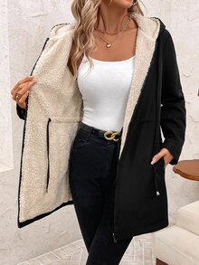 SHEIN Clasi 女款純色保暖內裡休閒百搭日常穿著連帽外套 - 黑色 - 查看 10