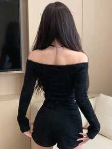 DAZY 女款方領修身T恤，性感風格 - 黑色 - 查看 3