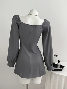 Elamini 女款假領拼接休閒可愛優雅日常秋季短洋裝，深灰色畢業禮服，適合日常約會 - 灰色 - 查看 2