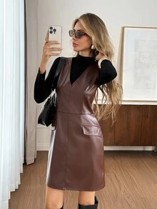 Easowa Women's Solid Color PU Leather Fashion Date Party Mini Dress - Brown - View 1