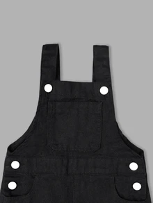 SHEIN Boys' Denim Overalls Long Pants, All Season, Soft Cotton, Classic Overalls Style, Flame Print Hem, Loose Fit Black Washed Denim Jumpsuit, Winter - Black - View 6