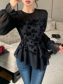 Modelyn Flocked Bandeau 2 In 1 Round Neck Lantern Sleeve Chiffon Blouse With Asymmetrical Ruffle Hem Dinner Going Out Black Floral Autumn Romantic Elegant - Black - View 5