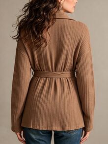 Linhara CURVE Jaket Wanita Ukuran Plus Lengan Panjang Bahu Reguler dengan Hem Asimetris Multifungsi, Kardigan Rajut Bergaris Warna Solid Modis Musim Gugur/Dingin dengan Sabuk - Unta - View 2