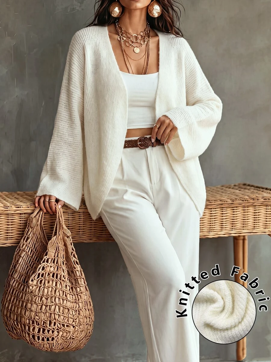 Linhara CURVE 1pc Women's Plus Size Plus Size Loose Wrap Long Sleeve Casual Comfortable Lazy Cardigan Sweater, Suitable For Daily Wear And Gatherings In Spring And Autumn - Beige - View 1