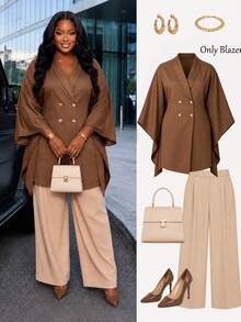 Poshavie Poshavie Plus Size Women's Fashion Blazer, Loose Double-Breasted Minimalist Elegant Business Casual Jacket, Suitable For Commuting, Office Evening Brown - Brown - View 2