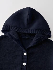 SHEIN Genkimix Kids 少女時尚休閒清新短版素色秋冬連帽針織開襟毛衣 - 藏蓝色 - 查看 3