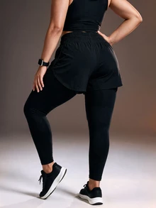 Powerista Women's Black 2 In 1 Plus Size Sports Leggings - Black - View 2