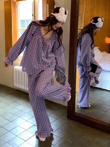 DAZY Women's Plaid Long Sleeve Top And Pants Casual Daily Home Sleepwear Set Fall - Pink - View 1