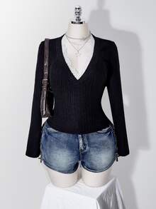 SHEIN ICON Women's Plus Size Wide Ribbed Lace Patchwork T-Shirt - Black - View 1