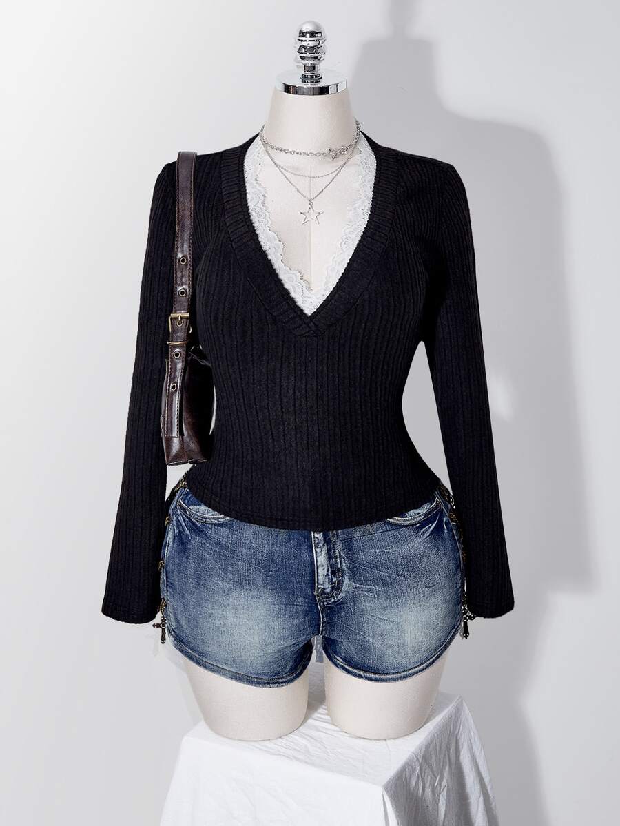 SHEIN ICON Women's Plus Size Wide Ribbed Lace Patchwork T-Shirt - Black - View 1