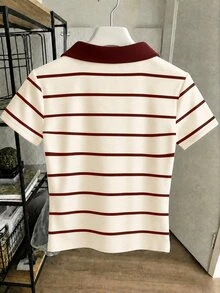 SHEIN 兒童青少年女孩奶油色與深紅色配色，復古對比條紋可愛櫻桃印花圖案，休閒隨性印花短袖上衣，夏季 - 白色 - 查看 2