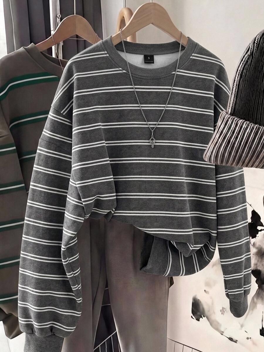 SHEIN EZwear 女款條紋休閒百搭日常長袖運動衫 - 白色 - 查看 1