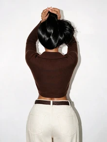 BamGleam Atasan Crop Top Rajut Ribbed Slim Fit Lengan Panjang Berkerah Simpul Silang Warna Cokelat Vintage, Gaya Seksi, Pinggang Tinggi - Coklat - View 2