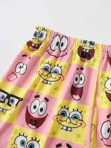 SpongeBob SquarePants | SHEIN Women's Round Neck Short Sleeve T-Shirt And Shorts Pajama Set - Yellow - View 7