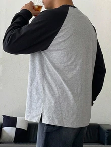 DAZY 春秋款海軍藍與灰色花卉插肩袖拼接撞色韓版男士長袖T恤 - 淺灰色 - 查看 2