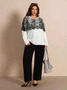 Elaquor Kaos Kasual Lengan Panjang Leher Bulat Berenda Kontras Ukuran Besar untuk Wanita, Kaos Kantor Elegan Berenda untuk Wanita, Kaos Kasual Sehari-hari untuk Bepergian. - Hitam dan Putih - View 6