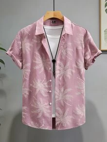 VENTUSAIL 男士時尚休閒度假風短袖襯衫，附仿刺繡設計 - 玫紅色 - 查看 3