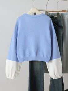 SHEIN 青少年女孩彩虹拼接修身針織開襟毛衣，休閒時尚百搭秋冬外套 - 淺藍色 - 查看 2