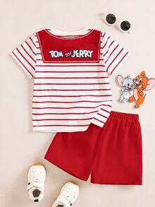 TOM & JERRY X SHEIN Young Girl Fun Striped Cartoon Pattern Round Neck Short Sleeve T-Shirt And Shorts Set - Red - View 2