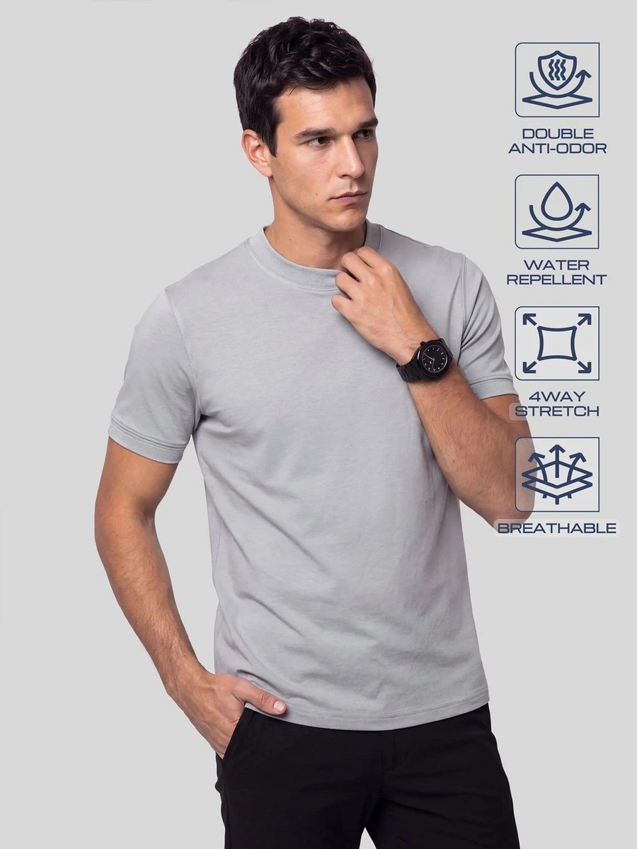 TekDrob Double Anti-Odor & Water Repellent T-Shirt With Regular Fit, Crew Neck And Cuffed Sleeves - Grey - View 1