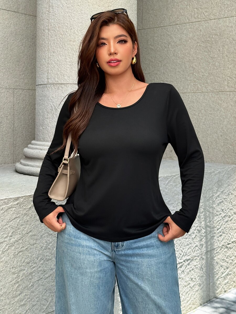 Easura Plus Size Women Solid Color Casual Versatile Everyday T-Shirt - Black - View 1