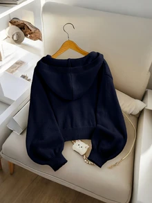 Genkimix Kids Girls' Fashion Casual Fresh Short Solid Color Autumn/Winter Hooded Knit Cardigan Sweater - Navy Blue - View 2