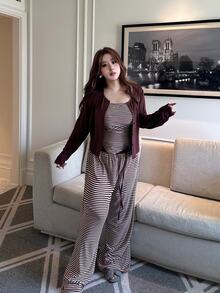 Vibekara Plus Size Solid Color Knit Cardigan, Striped Top With Slim Fit And Drawstring Detail, Elegant Casual Commute Daily Wear, Autumn Essential - Brown - View 6