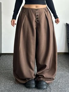 POPSWAY Plus Size Fashion Commuter Solid Color Wide Leg Pants Fall - Brown - View 3