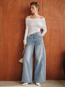 Anewsta Celana Jeans Lurus Biru Chiffon Patchwork Desain Fashion Baru - Biru - View 3