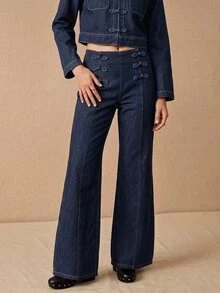 CielaLinda Women's Frog Button Denim Flared Pants, Vintage Inspired Jeans - Blue - View 5