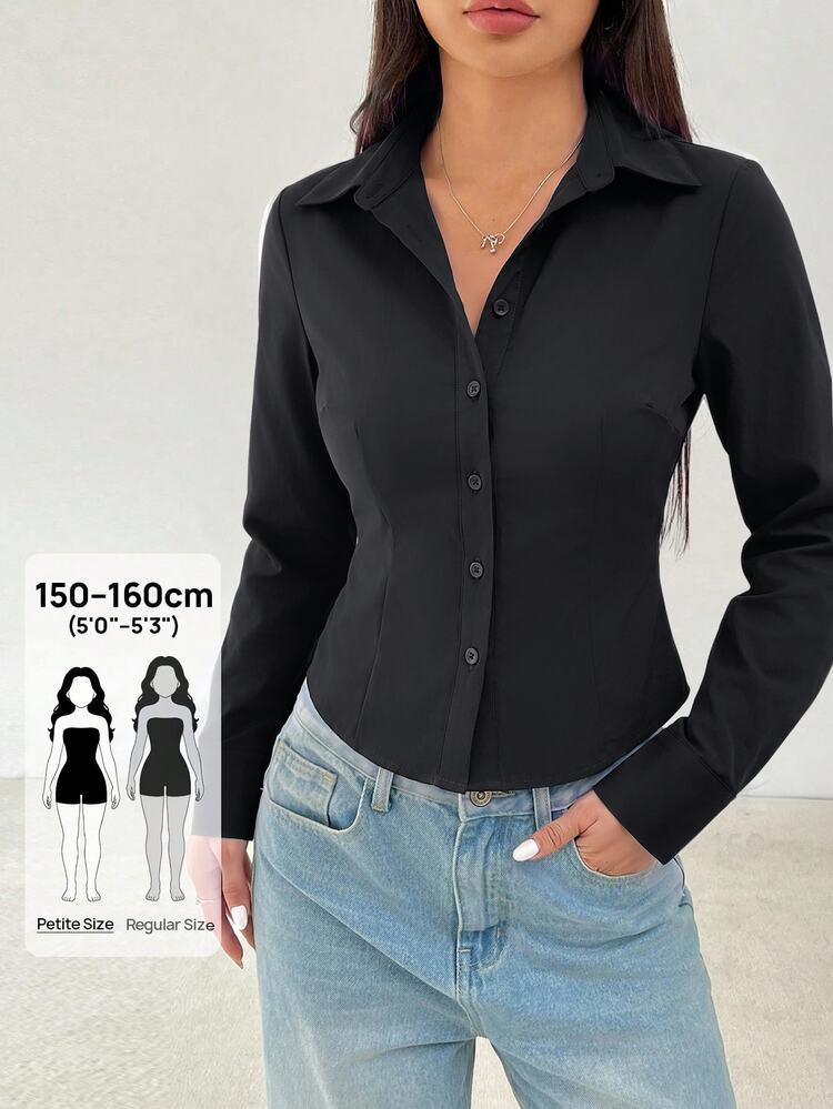 SHEIN PETITE Women's Solid Color Long Sleeve Single-Breasted Casual Shirt - Dark Grey - View 1