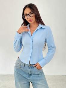 SHEIN PETITE 女款純色休閒百搭日常長袖襯衫 - 淺藍色 - 查看 5