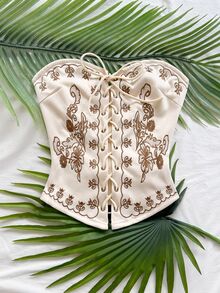 Soleia Plus Size Vacation Embroidered Criss-Cross Tie Straps Bandeau Top Winter - Apricot - View 5