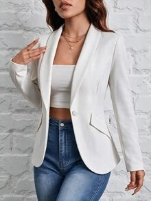 SHEIN PETITE 秋冬通勤穿著 綠色水果領單鈕扣黑色西裝外套 - 白色 - 查看 5
