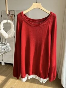 Comfortcana Plus Size Women's Solid Color Crew Neck Raglan Long Sleeve Loose Sweater - Burgundy - View 3