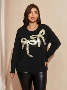 Comfylo Plus Size Women's Sequin Bow Embroidery Round Neck Long Sleeve Sweater - Black - View 5