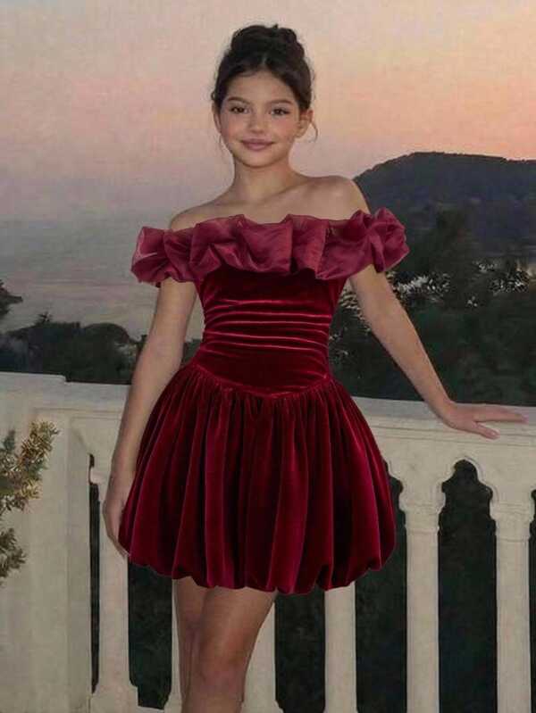 SHEIN Tween Girls Red Off-Shoulder Dress, Elegant For Formal Occasions And Casual Daily Wear, Versatile